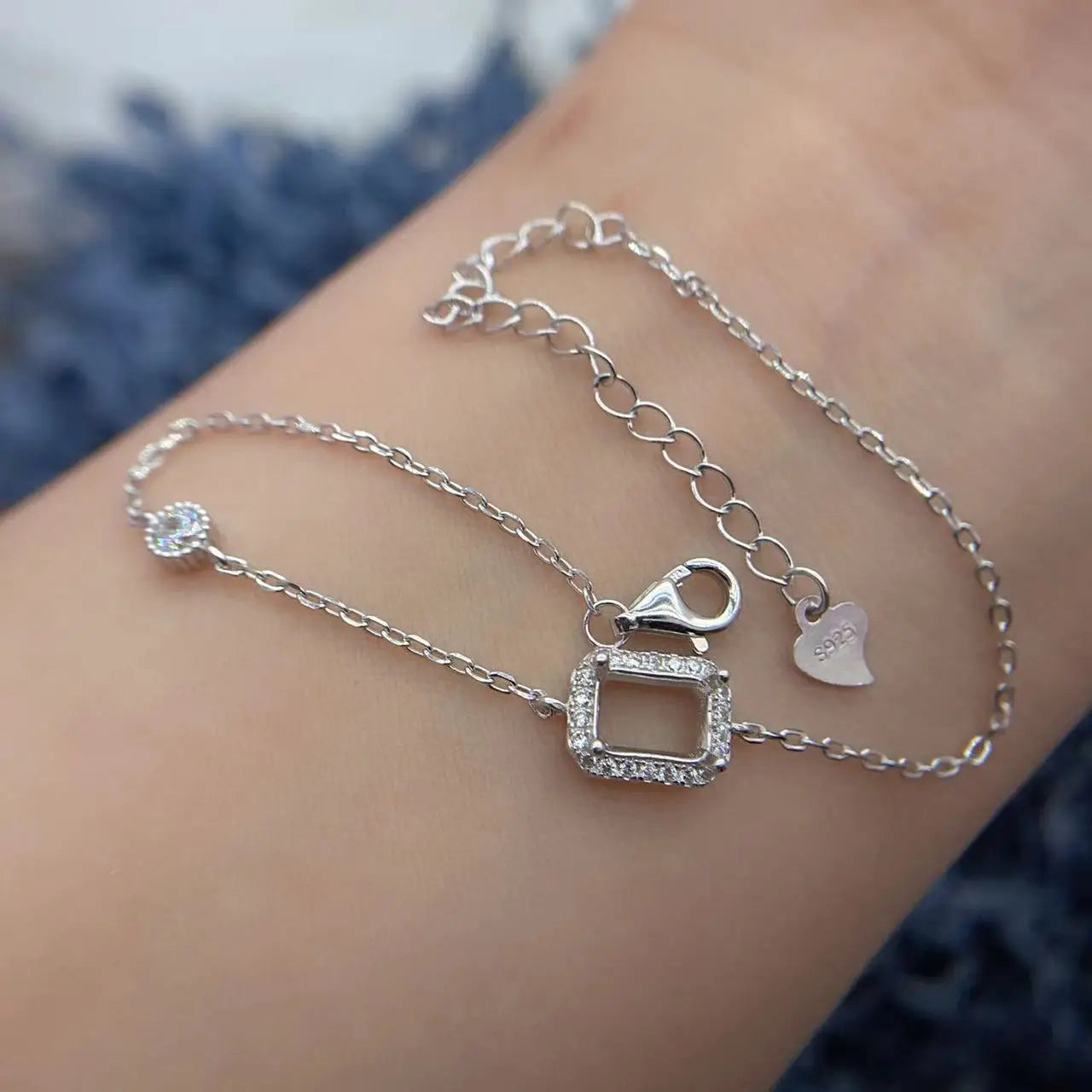 MeiBaPJ Inlay Rectangle 4*6/5*7mm S925 Sterling Silver DIY Empty Bracelet Setting Womens Diamond Weddings Jewelry  Free Delivery