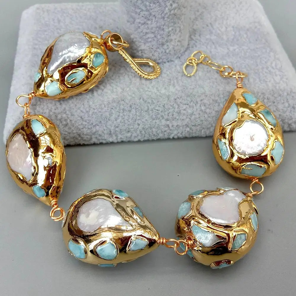YYGEM Natural White Coin Freshwater Pearl Pave   22x28mm Blue larimar Chips Teardrop Gold Color Plated  Wrap Bracelet  9"