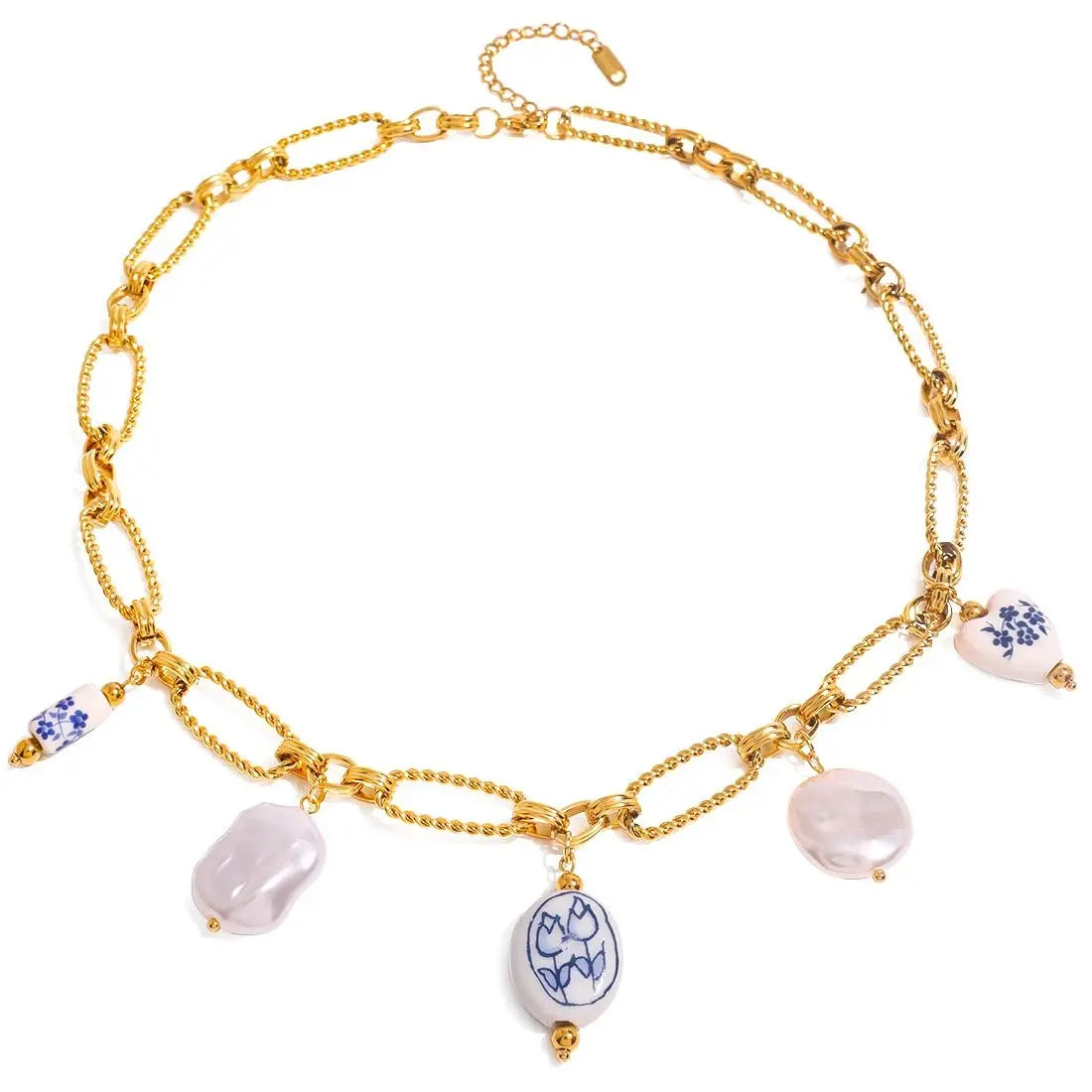 Youthway Stainless Steel Pearl Porcelain bead Pendent Chain Necklace Waterproof 18K Gold-plated Ocean Beach Trendy Jewelry